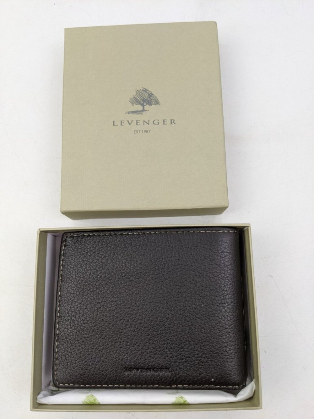 Levenger Men's Black Bifold Pebbled Leather Wallet Plaid Lining In Box